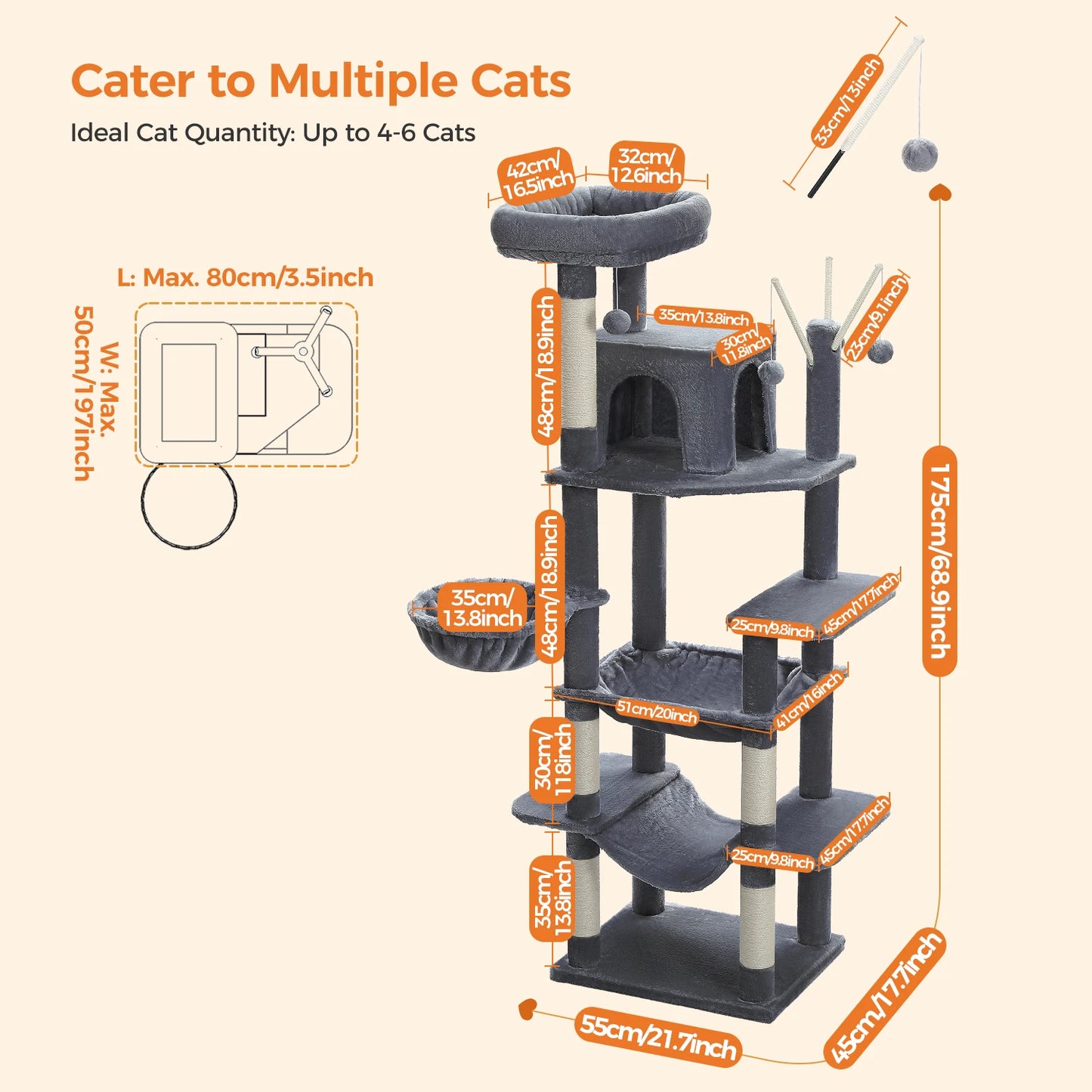 Large Cat Tree for Indoor Large Cats Tall Cat Tower for Fat Cats with Super Big Hammock, Cat Climbing Trees with Scratching Post