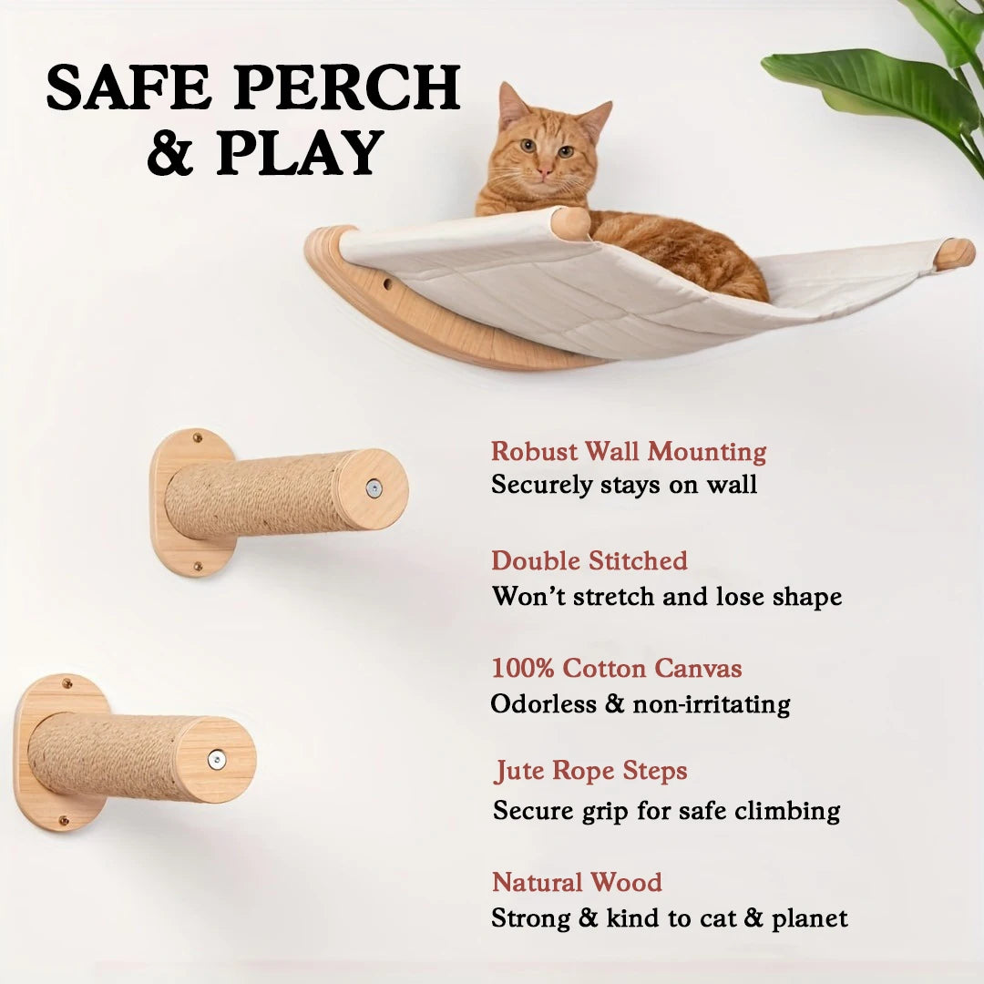 Cat Hammock Wall Mounted Cat Shelf With Two Steps - Cat Wall Shelves And Perches For Sleeping, Playing, Climbing, And Lounging -