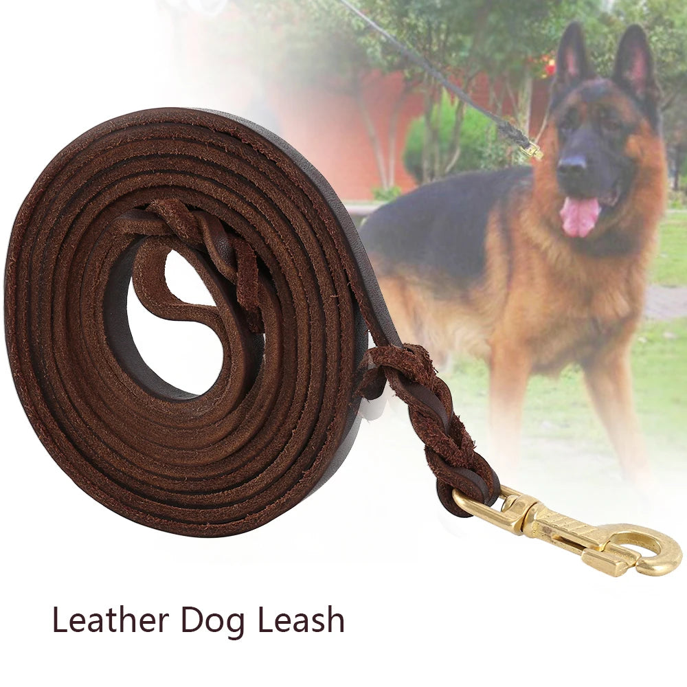 Dog Leash Long Genuine Leather Dogs Leashes Braided Pet Walking Training Leads Brown Color For Medium Large Dog Strong Heavy Pet