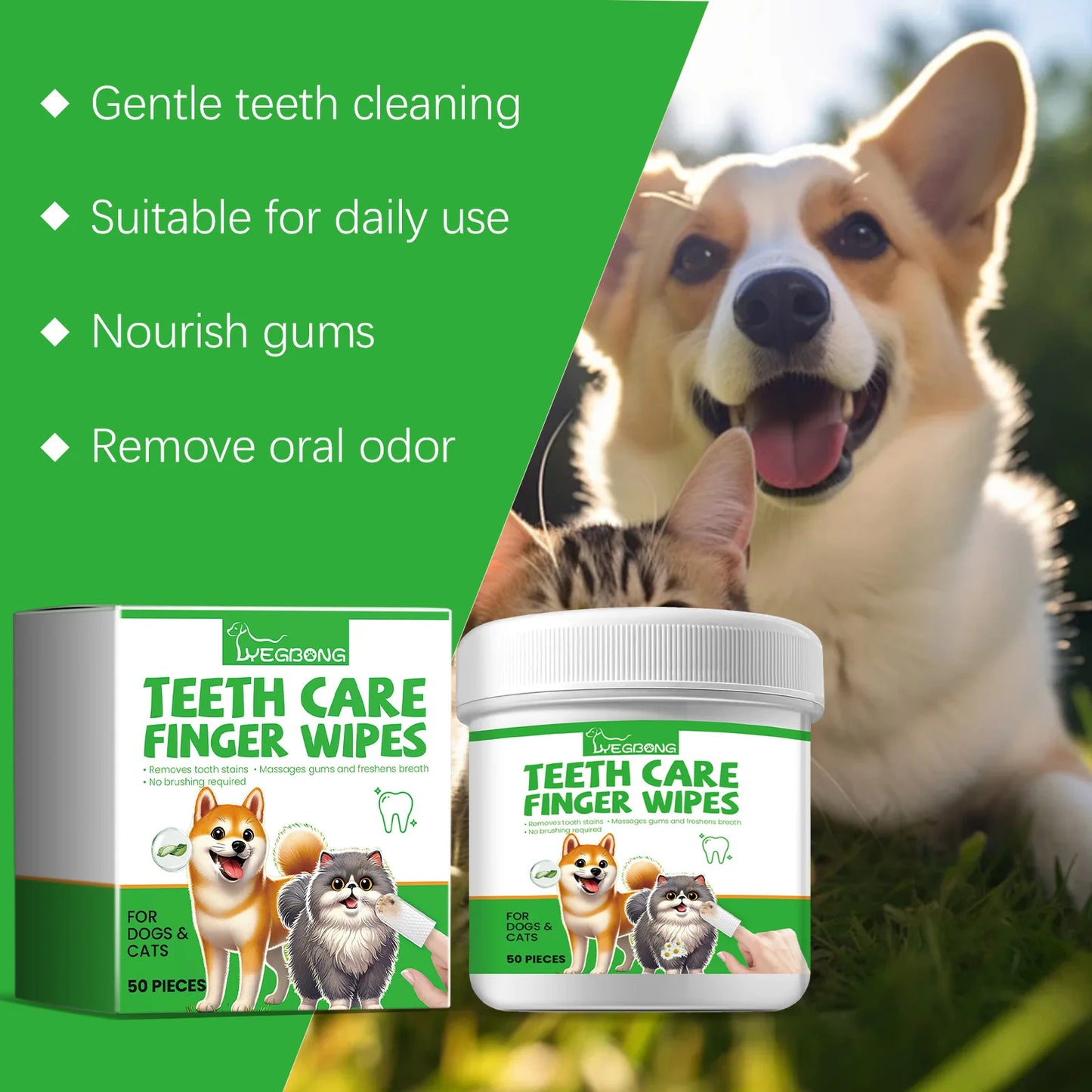 Yegbong Pet Cleaning Finger Cover Wipes Teeth Ear Cleaning Dogs Cats Oral Care Stains Remove Bad Breath Tartar Dental Care Wipes