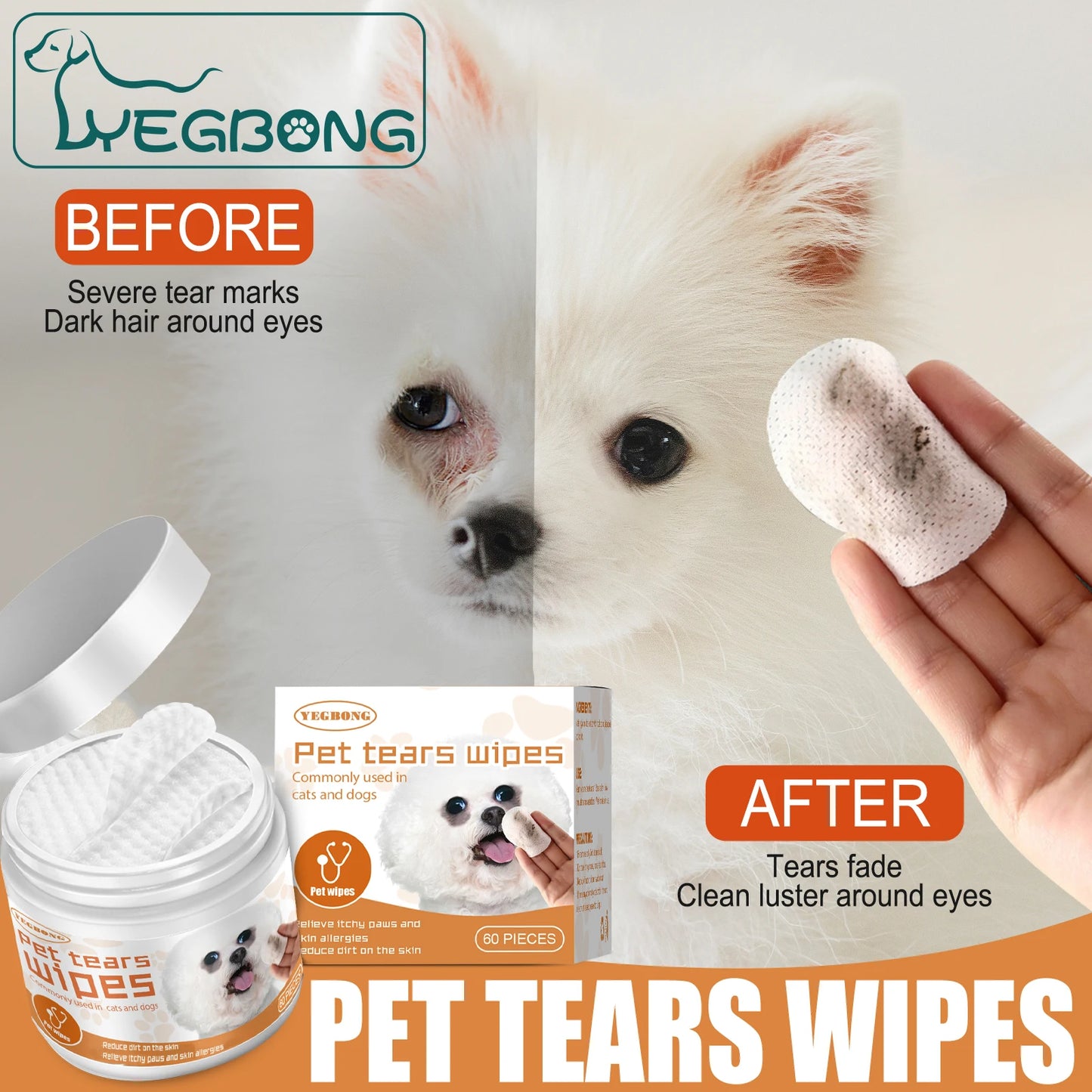 Yegbong Pet Cleaning Wet Wipes For Remove Cat and Dog Tearmark Eyes Cleaning Non-irritating Reduce Eyes Stain Pet Cotton Pads