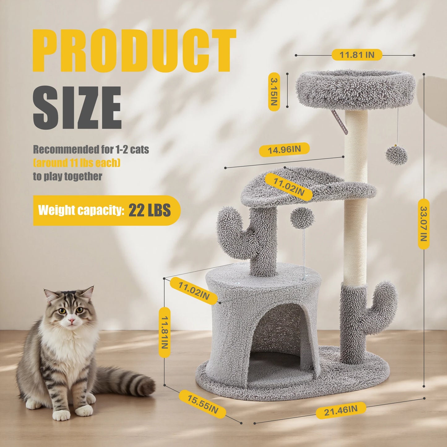 JHK 33IN Tall Multi-Level Cat Tree Tower for Indoor Pet Furniture Stable Kitty Play House with Sisal Scratching Post for Home