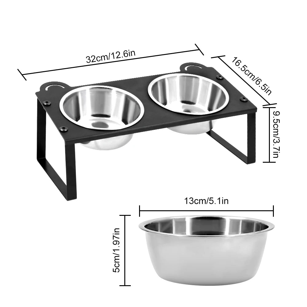 Elevated Cat Food Water Bowls 2 Stainless Steel Bowls with Metal Stand 15° Tilted Raised Cat feeding and water Bowls Pet Puppy