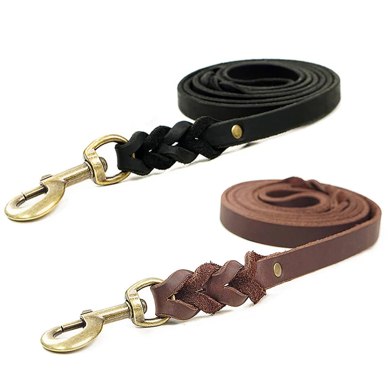 Handcrafted Top Grain Leather Dog Leash - Genuine Cowhide Woven Traction Rope for Small Medium Pets, Durable Pet Supplies