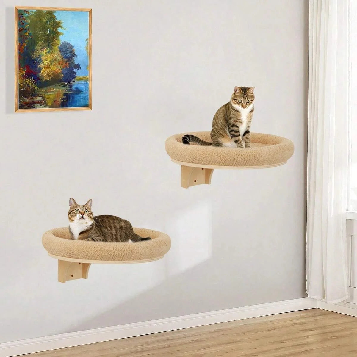 Cat Wall Mounted Solid Wooden Furniture Climbing Ladder and Cat Hammock with Scratching Post for Activity Indoor Cats Perches