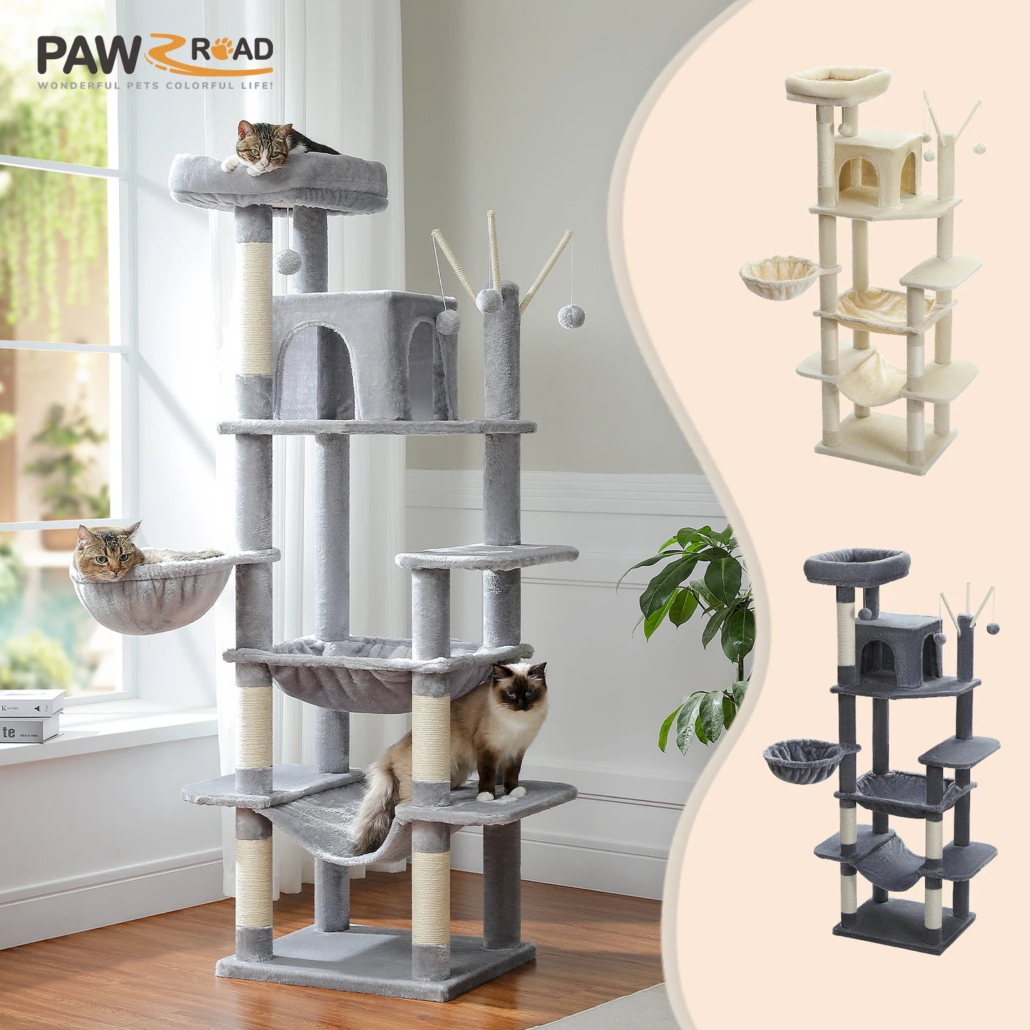 Sturdy Multi-Level Cat Tree Tower with Natural Sisal Scratching Posts,Cozy Hammock&Condo, Large Top Perch, and Fun Dangling Ball