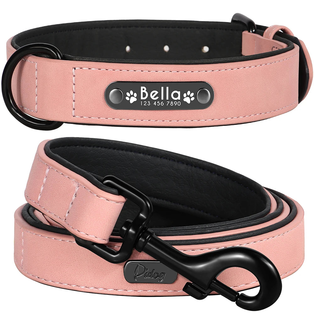 Custom Leather Dog Collar Leash Personalized Pet Collars and Leash Set Durable Leather Collar Lead for Small Medium Large Dogs