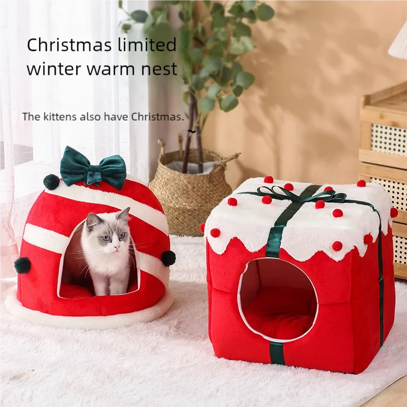 Winter Warm Cat Nest with Box Design Soft Sleeping House for Cats And Dogs Cute Christmas Gift Pet Bed Pet Party Supplies