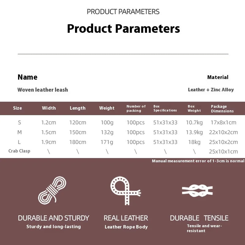 Handcrafted Top Grain Leather Dog Leash - Genuine Cowhide Woven Traction Rope for Small Medium Pets, Durable Pet Supplies