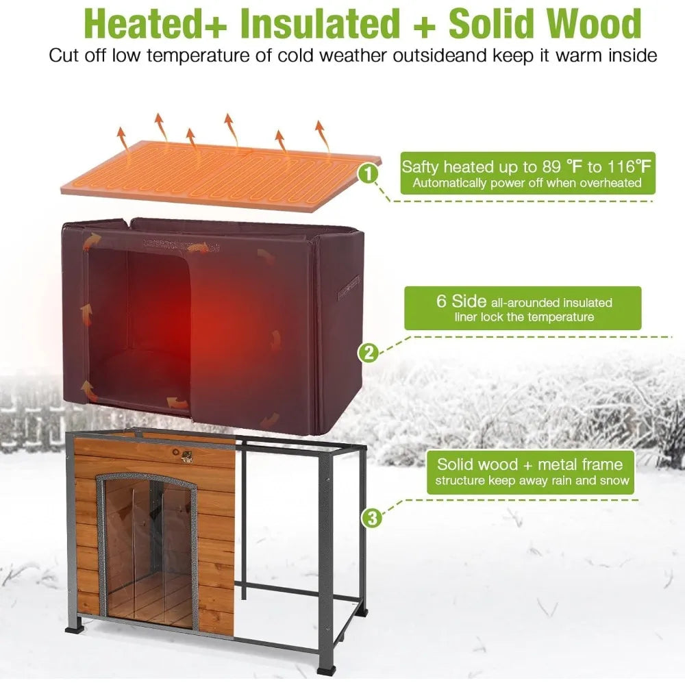 Insulated Outdoor Dog House with Heater, Metal Frame, and Chew-Resistant Cord, 6-Sided Thermal Large