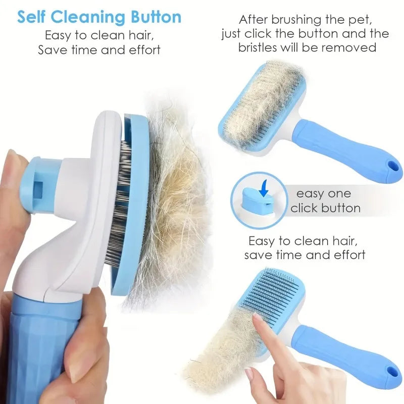 One-Button Pet Deshedding Brush- Tangle-Free Shedding Tool for Cats & Dogs, Removes Loose Hair, Easy Clean (Blue/Green)
