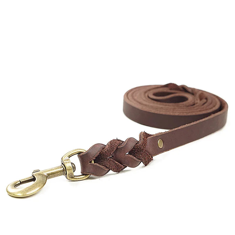 Handcrafted Top Grain Leather Dog Leash - Genuine Cowhide Woven Traction Rope for Small Medium Pets, Durable Pet Supplies