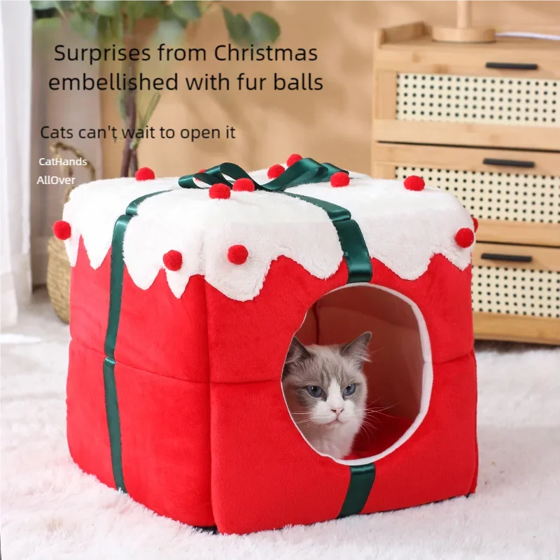 Winter Warm Cat Nest with Box Design Soft Sleeping House for Cats And Dogs Cute Christmas Gift Pet Bed Pet Party Supplies
