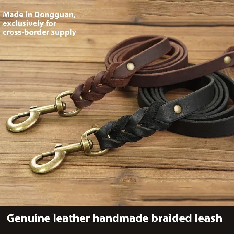 Handcrafted Top Grain Leather Dog Leash - Genuine Cowhide Woven Traction Rope for Small Medium Pets, Durable Pet Supplies