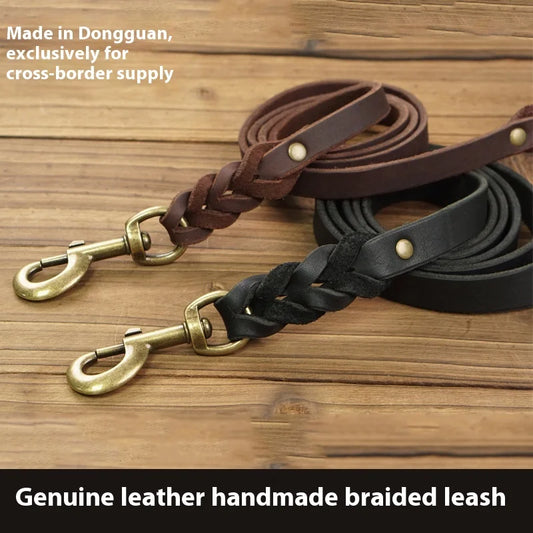 Handcrafted Top Grain Leather Dog Leash - Genuine Cowhide Woven Traction Rope for Small Medium Pets, Durable Pet Supplies