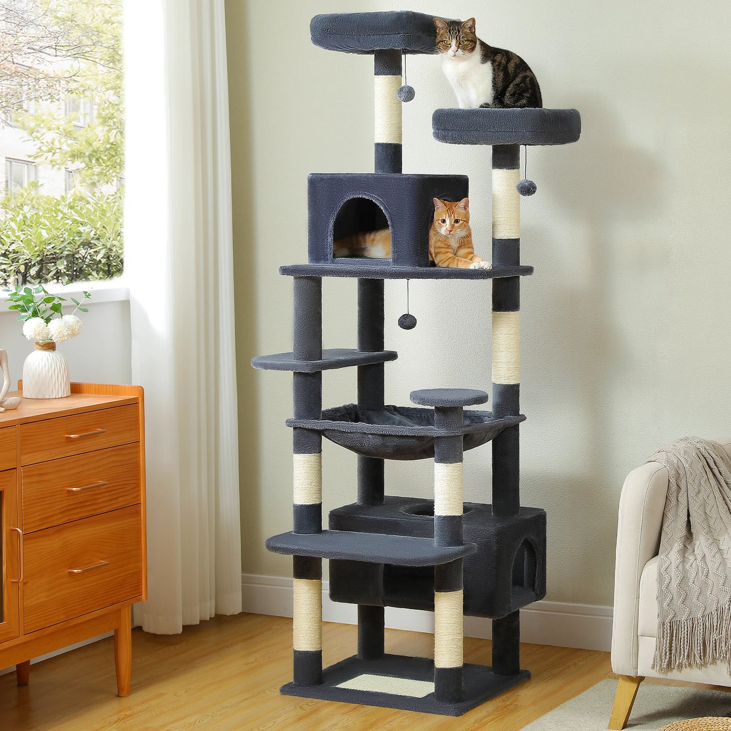 Sturdy Multi-Level Cat Tree Tower with Natural Sisal Scratching Posts,Cozy Hammock&Condo, Large Top Perch, and Fun Dangling Ball