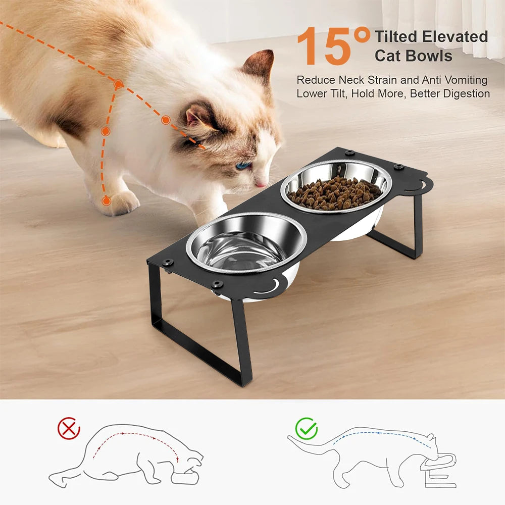Elevated Cat Food Water Bowls 2 Stainless Steel Bowls with Metal Stand 15° Tilted Raised Cat feeding and water Bowls Pet Puppy
