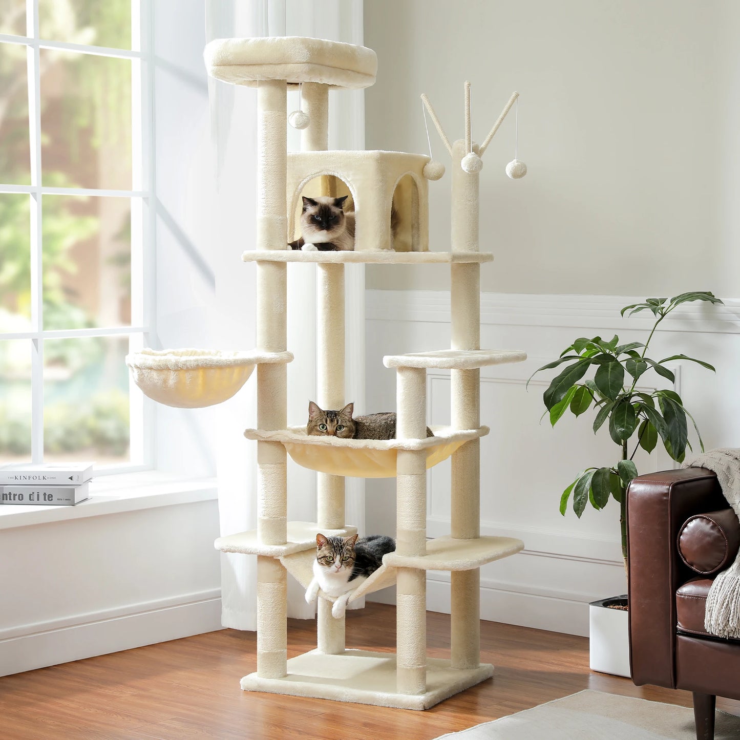 Sturdy Multi-Level Cat Tree Tower with Natural Sisal Scratching Posts,Cozy Hammock&Condo, Large Top Perch, and Fun Dangling Ball