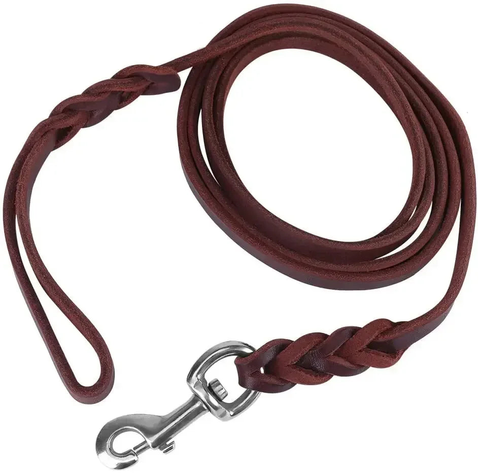 Dog Leash Long Genuine Leather Dogs Leashes Braided Pet Walking Training Leads Brown Color For Medium Large Dog Strong Heavy Pet