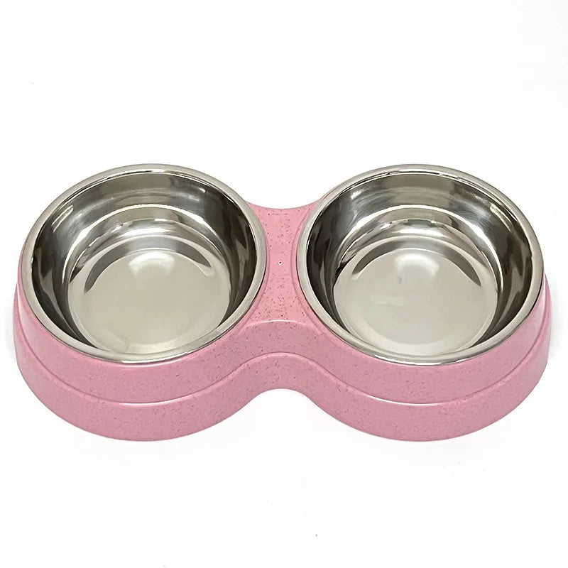 Stainless Steel Double Pet Bowl Wheat Straw Base Dog Cats Feeder Cat Puppy Feeding Food Water Container Dispenser Pet Supplies