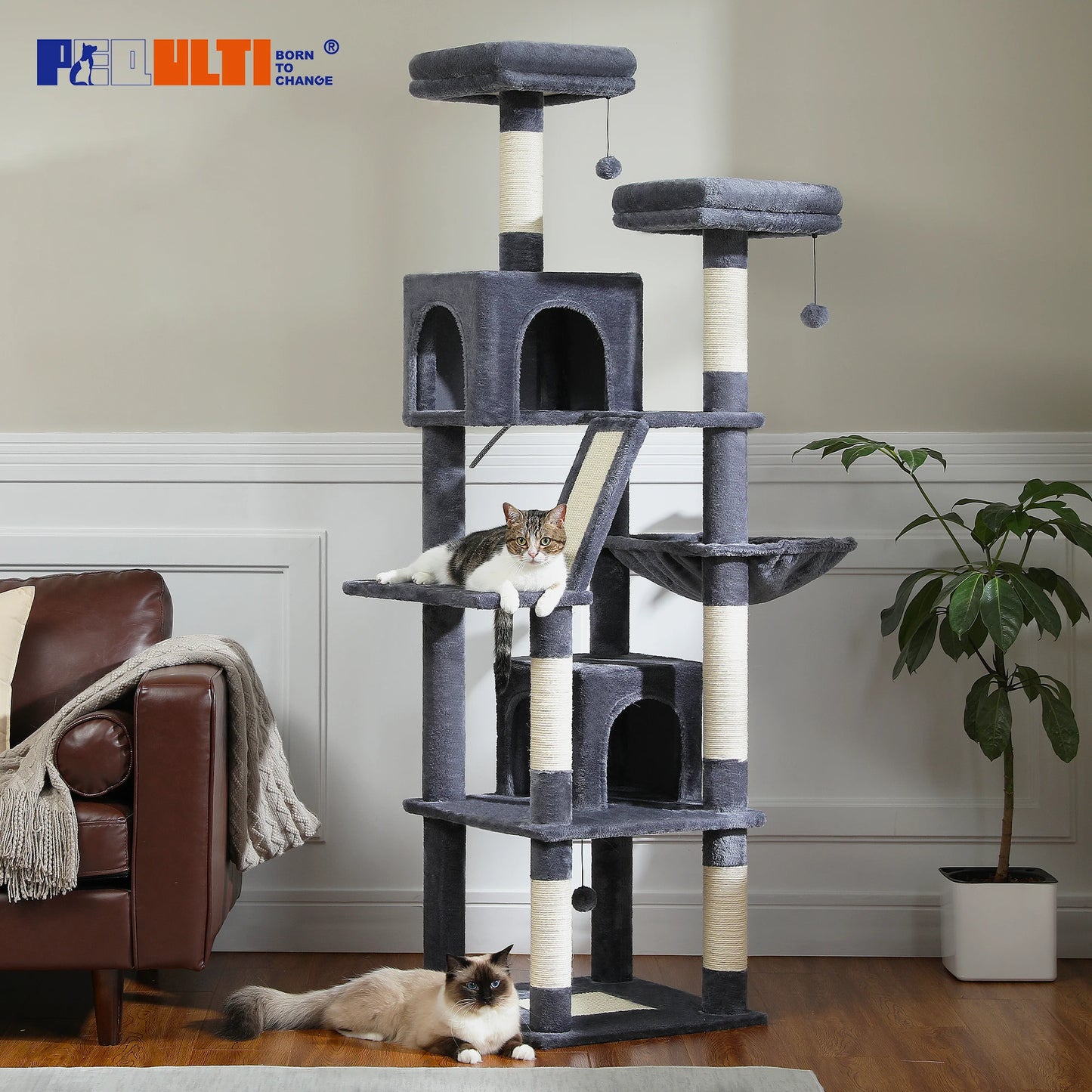 Sturdy Multi-Level Cat Tree Tower with Natural Sisal Scratching Posts,Cozy Hammock&Condo, Large Top Perch, and Fun Dangling Ball