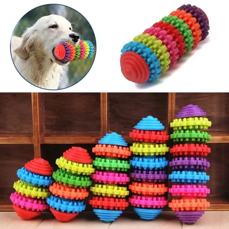 New Durable Rubber Pet Dog Puppy Cat Dental Teething Healthy Teeth Gums Chew Toy Rainbow Gear Teeth Cleaning Toy