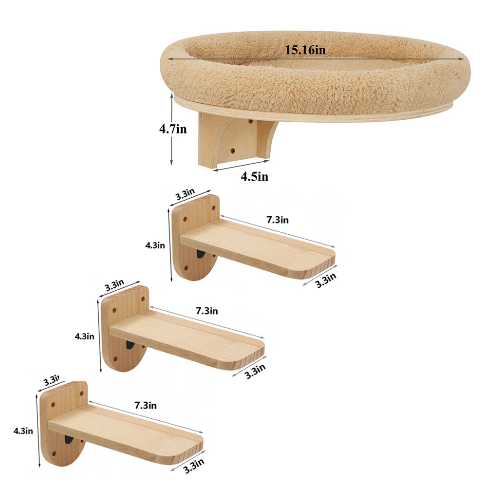 Cat Wall Mounted Solid Wooden Furniture Climbing Ladder and Cat Hammock with Scratching Post for Activity Indoor Cats Perches