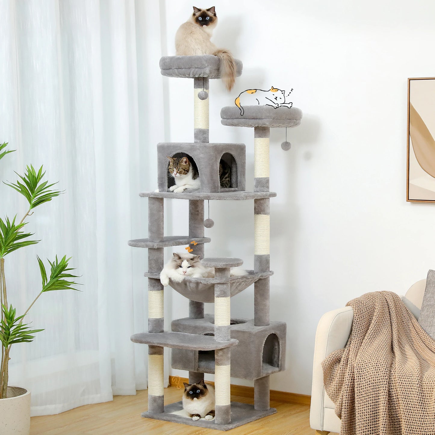 Sturdy Multi-Level Cat Tree Tower with Natural Sisal Scratching Posts,Cozy Hammock&Condo, Large Top Perch, and Fun Dangling Ball