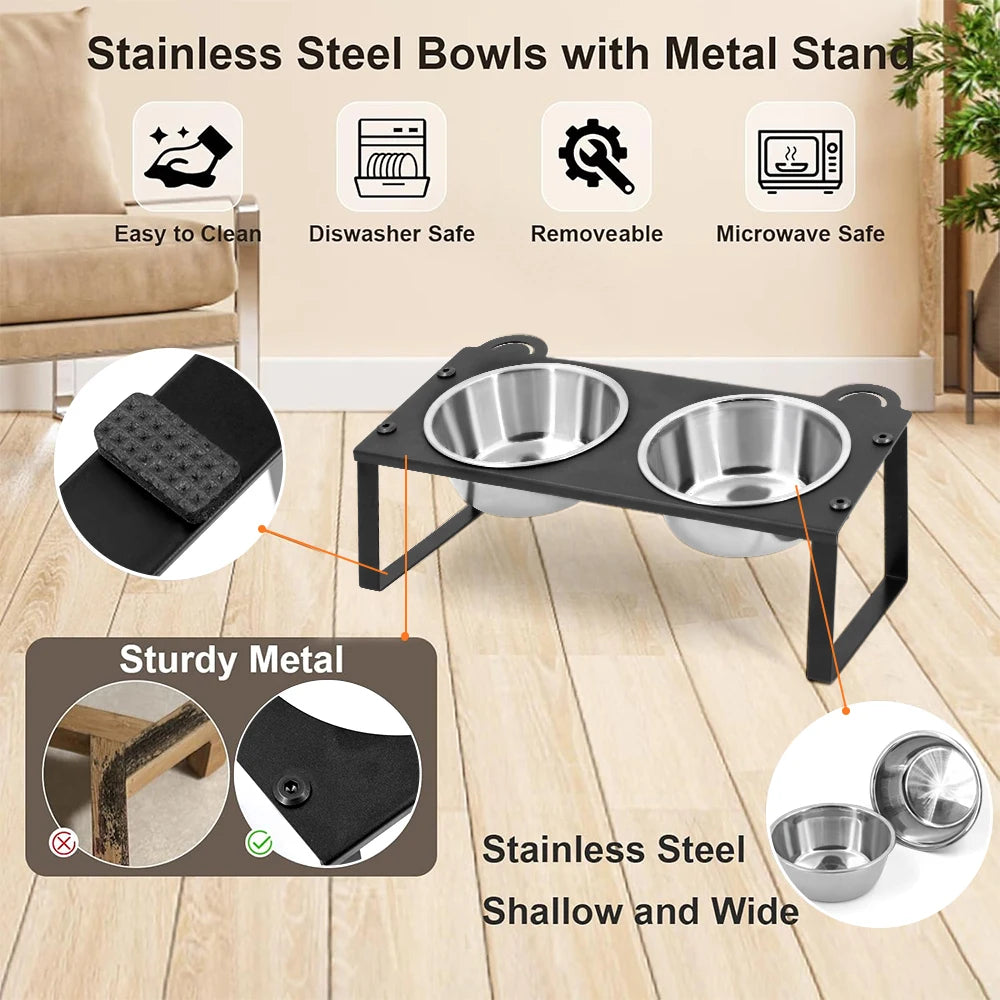 Elevated Cat Food Water Bowls 2 Stainless Steel Bowls with Metal Stand 15° Tilted Raised Cat feeding and water Bowls Pet Puppy