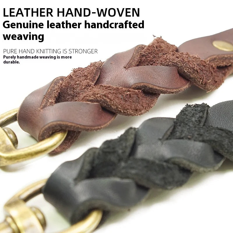 Handcrafted Top Grain Leather Dog Leash - Genuine Cowhide Woven Traction Rope for Small Medium Pets, Durable Pet Supplies