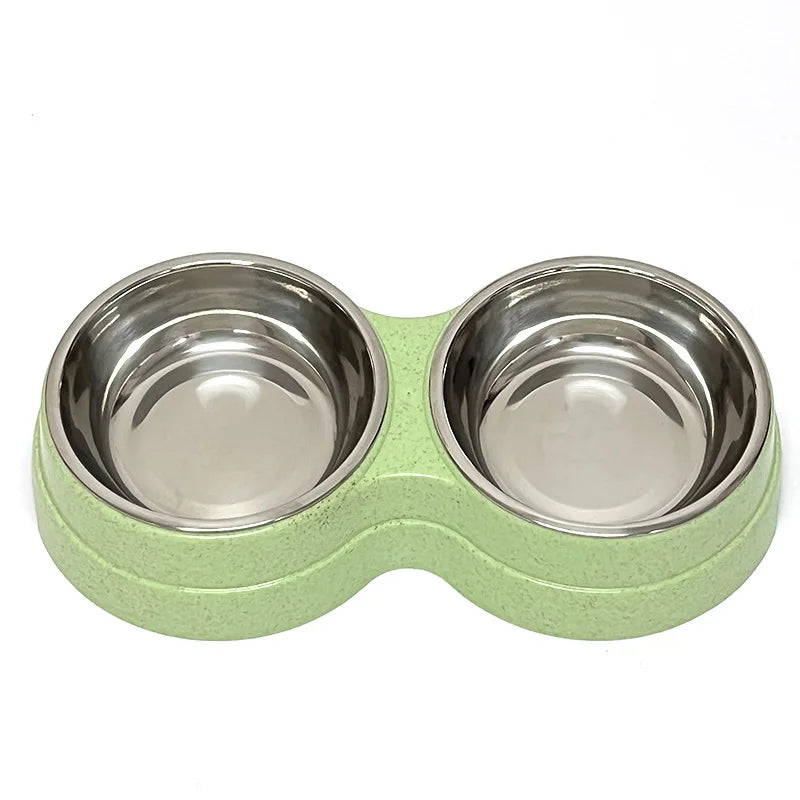 Stainless Steel Double Pet Bowl Wheat Straw Base Dog Cats Feeder Cat Puppy Feeding Food Water Container Dispenser Pet Supplies