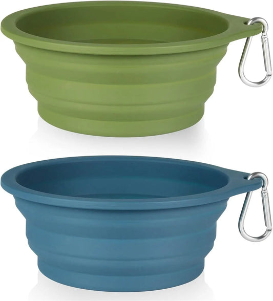2-pack 600ml collapsible dog bowls, no plastic rim,navy blue + dark green, portable for walking, travel, outdoor use