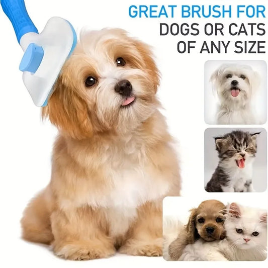 One-Button Pet Deshedding Brush- Tangle-Free Shedding Tool for Cats & Dogs, Removes Loose Hair, Easy Clean (Blue/Green)