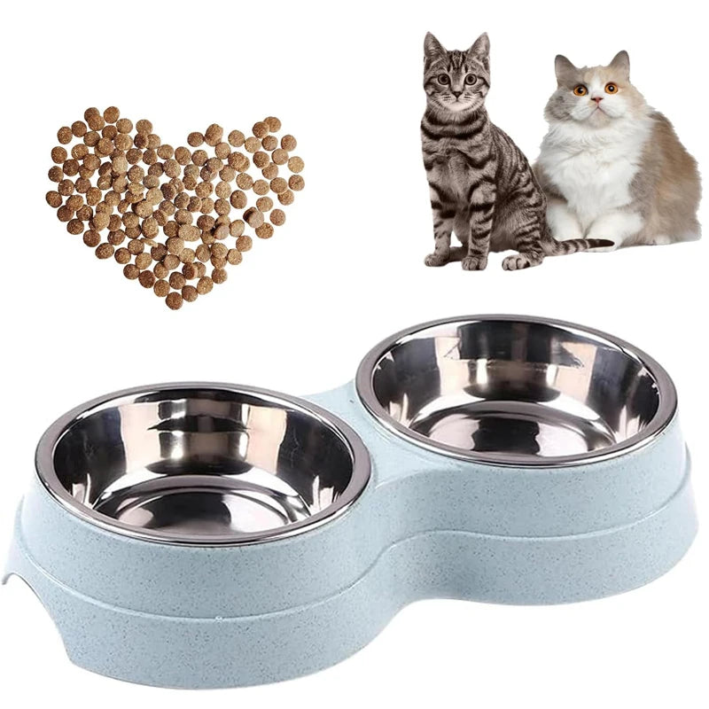 Stainless Steel Double Pet Bowl Wheat Straw Base Dog Cats Feeder Cat Puppy Feeding Food Water Container Dispenser Pet Supplies