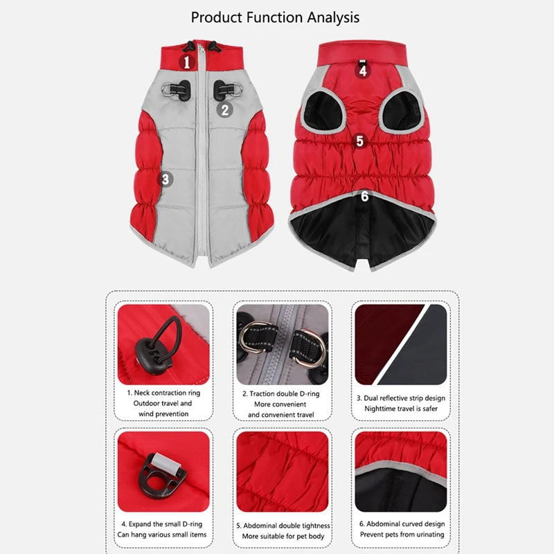 XL-6XL Zipper Dog Winter Warm Dog Coat Jacket Reflective Fleece Dog Cold Weather Vest with Leash D Rings for Medium Large Dogs