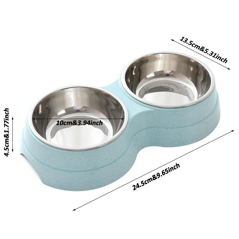 Stainless Steel Double Pet Bowl Wheat Straw Base Dog Cats Feeder Cat Puppy Feeding Food Water Container Dispenser Pet Supplies