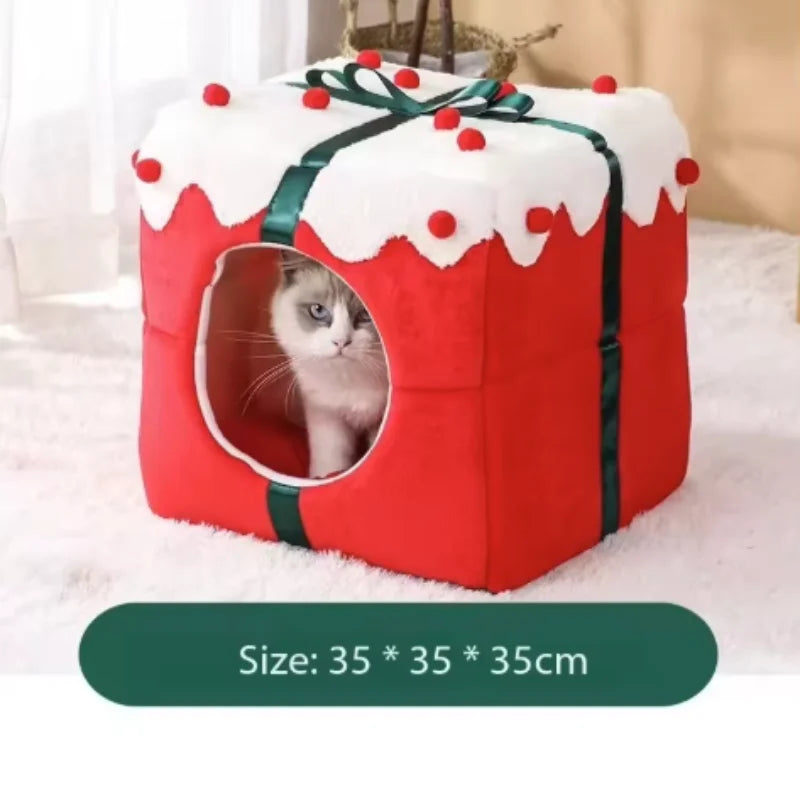 Winter Warm Cat Nest with Box Design Soft Sleeping House for Cats And Dogs Cute Christmas Gift Pet Bed Pet Party Supplies