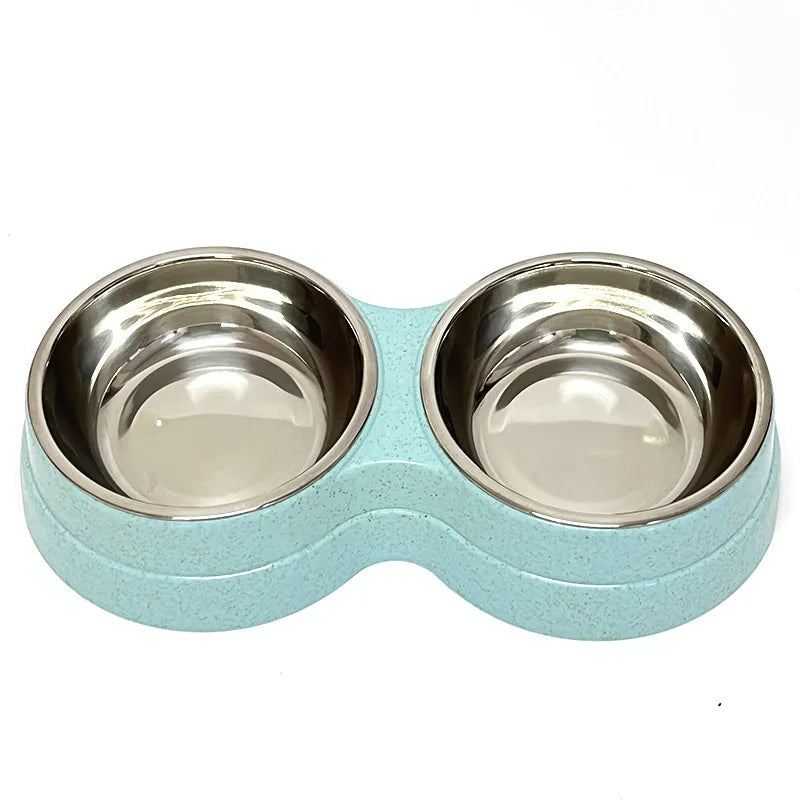 Stainless Steel Double Pet Bowl Wheat Straw Base Dog Cats Feeder Cat Puppy Feeding Food Water Container Dispenser Pet Supplies