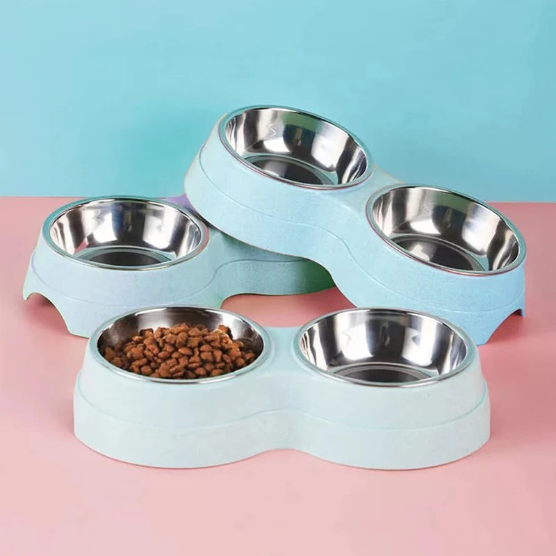 Stainless Steel Double Pet Bowl Wheat Straw Base Dog Cats Feeder Cat Puppy Feeding Food Water Container Dispenser Pet Supplies