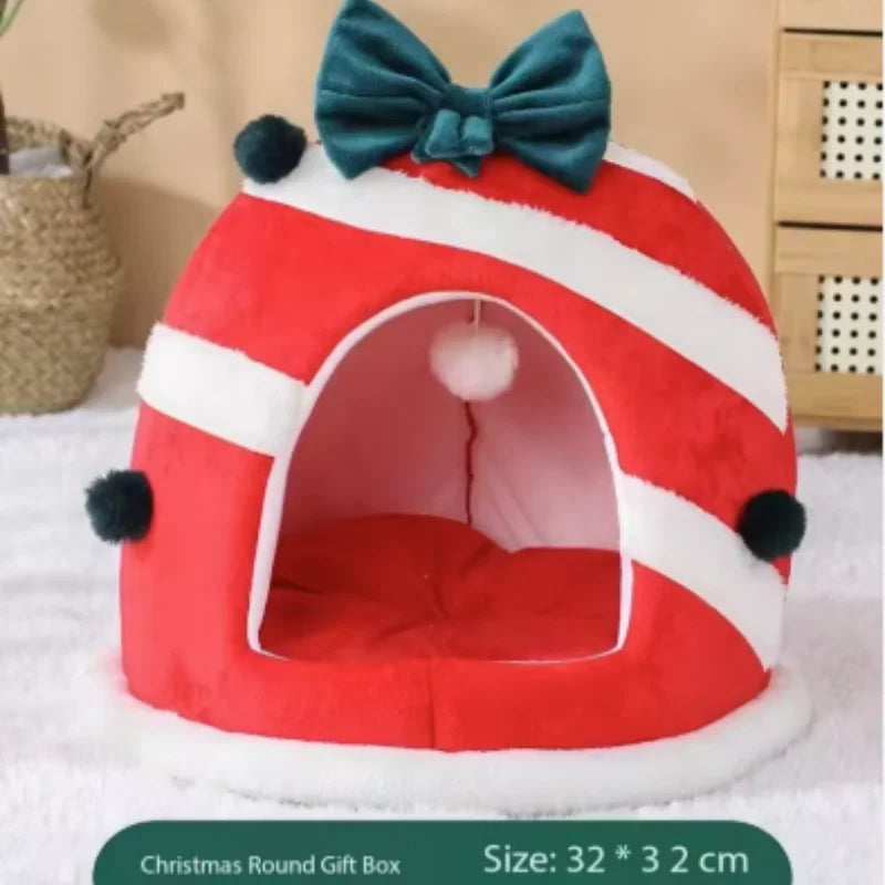Winter Warm Cat Nest with Box Design Soft Sleeping House for Cats And Dogs Cute Christmas Gift Pet Bed Pet Party Supplies