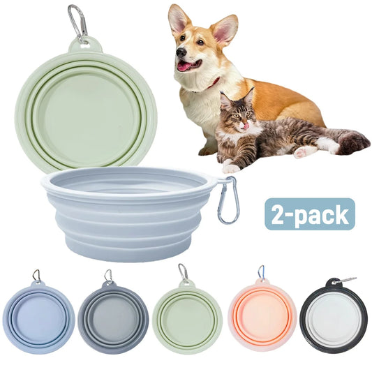 2pcs Collapsible Pet Silicone Dog Food Water Bowl Outdoor Camping Travel Portable Folding Supplies Dishes with Carabiner